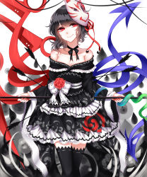 Rule 34 | 1girl, absurdres, adapted costume, arrow (projectile), asymmetrical wings, bad id, bad pixiv id, bare shoulders, black bow, black bowtie, black dress, black hair, black ribbon, black thighhighs, bow, bowtie, breasts, cleavage, collarbone, cowboy shot, dress, flower, fox mask, frilled dress, frills, hair ribbon, highres, holding, holding weapon, houjuu nue, japanese clothes, kimono, kimono skirt, lolita fashion, long sleeves, looking at viewer, mask, mask on head, nail polish, neck ribbon, obi, off-shoulder dress, off shoulder, polearm, red eyes, red flower, red nails, red ribbon, red rose, ribbon, ribbon-trimmed legwear, ribbon trim, rose, sash, sheya, short dress, small breasts, smile, snake, solo, thighhighs, touhou, wa lolita, weapon, white background, white ribbon, wide sleeves, wings, zettai ryouiki