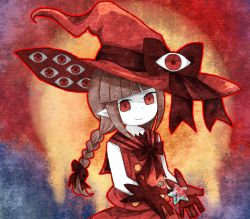 Rule 34 | 1girl, bad id, bad pixiv id, blood, bow, bowtie, braid, brown hair, eye focus, full moon, funamusea, gloves, gradient background, hat, hat bow, moon, muxiyou, oounabara to wadanohara, pale skin, pointy ears, red eyes, red gloves, red theme, sleeveless, smile, solo, spoilers, star (symbol), twin braids, twintails, upper body, wadanohara, witch hat