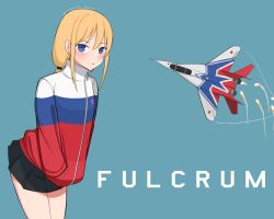 Rule 34 | 1girl, aircraft, airplane, artist name, atamonica, blonde hair, blue eyes, commentary, cowboy shot, dated, english commentary, english text, hands in pockets, highres, jacket, jet, long sleeves, looking at viewer, mig-29, military, miniskirt, original, pleated skirt, skirt, solo, twintails