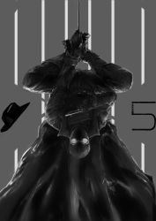 Rule 34 | 1930s (style), absurdres, black coat, black footwear, boots, coat, fedora, goggles, gun, hat, highres, holding, holding gun, holding weapon, male focus, marvel, mask, solo, spider-man (series), spider-man noir, string, upside-down, weapon