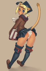 Rule 34 | 00s, 1girl, :o, animal ears, ascot, ass, blonde hair, blue eyes, blue skirt, blue thighhighs, blush, book, cat ears, cat girl, cat tail, circlet, dark-skinned female, dark skin, final fantasy, final fantasy xi, from behind, full body, glasses, gochou (kedama), grey background, hat, holding, holding book, leaning forward, leg ribbon, loafers, long sleeves, looking at viewer, looking back, low ponytail, miniskirt, mithra (ff11), open mouth, panties, pantyshot, parted bangs, pleated skirt, ponytail, ribbon, rimless eyewear, scholar (final fantasy), shadow, shoes, short hair, short ponytail, simple background, skirt, solo, standing, swept bangs, tail, thigh ribbon, thighhighs, translation request, underwear