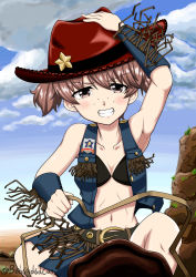 Rule 34 | 10s, 1girl, absurdres, alisa (girls und panzer), armpits, bad id, bad pixiv id, black bra, blush, bra, breasts, brown eyes, brown hair, collarbone, cowboy hat, day, freckles, girls und panzer, groin, hat, highres, looking at viewer, navel, riding, sky, small breasts, smile, solo, star (symbol), twintails, underwear