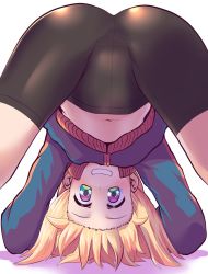 Rule 34 | 1girl, all fours, arm support, ass, bent over, between legs, bike shorts, blonde hair, blue eyes, from behind, grin, highres, jacket, koshirae tsurugi (m.m), long hair, looking back, looking through own legs, m.m, midriff, navel, original, shorts, smile, solo, spread legs, upside-down