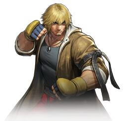 Rule 34 | beard stubble, belt, black eyebrows, black shirt, blonde hair, coat, facial hair, fighting stance, gauntlets, jewelry, karate, ken masters, muscular, muscular male, necklace, serious, shirt, street fighter, stubble, torn clothes, torn shirt, transparent background, trench coat