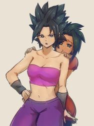 Rule 34 | 2girls, bandeau, bare shoulders, black eyes, black hair, breasts, caulifla, cleavage, dragon ball, dragon ball super, earrings, hand on shoulder, hoop earrings, jewelry, kale (dragon ball), kemachiku, looking at viewer, medium breasts, midriff, multiple girls, muscular, navel, open mouth, pants, ponytail, purple pants, scared, short hair, shy, simple background, single hair intake, spiked hair, standing, strapless, tube top, wristband