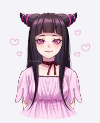 Rule 34 | 1girl, aged down, alternate costume, arched bangs, arms behind back, artist name, black hair, choker, closed mouth, collarbone, commentary, hair horns, han juri, heart, hepu2rabbits (epuusa), highres, long hair, looking at viewer, pink eyes, red choker, simple background, smile, solo, street fighter, twitter username, upper body, watermark, white background
