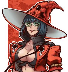 Rule 34 | 1girl, black choker, black hair, breasts, choker, cleavage, green-tinted eyewear, guilty gear, guilty gear strive, hat, i-no, large breasts, looking at viewer, mole, mole above mouth, mori no yousei, red eyes, red headwear, red leather, red lips, short hair, sunglasses, tinted eyewear, venus symbol, witch hat