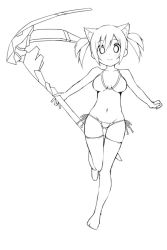 Rule 34 | 1girl, animal ears, bikini, breasts, cat ears, greyscale, lineart, looking at viewer, monochrome, phantasy star, phantasy star online 2, short hair, sky-freedom, smile, solo, swimsuit, thighhighs, weapon, white background, white theme