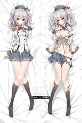 Rule 34 | 10s, 1girl, :o, bakugadou, bed sheet, beret, black socks, blush, breasts, buttons, covering privates, covering crotch, dakimakura (medium), epaulettes, frilled sleeves, frills, full body, gloves, grey eyes, hat, jacket, kantai collection, kashima (kancolle), kneehighs, large breasts, lying, military, military uniform, miniskirt, multiple views, neckerchief, no bra, no panties, no shoes, on back, pleated skirt, shirt, short hair, short twintails, silver hair, skirt, smile, socks, torn clothes, torn legwear, torn shirt, torn skirt, torn socks, twintails, uniform, wavy hair, white gloves