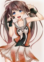 Rule 34 | 1girl, :d, alternate hairstyle, antenna hair, bare shoulders, black gloves, blush, body blush, collarbone, cosplay, cowboy shot, double bun, fingerless gloves, gloves, hair ornament, hair scrunchie, highres, houshou (kancolle), idol, kantai collection, looking at viewer, microphone, naka (kancolle) (cosplay), naka (kancolle), neckerchief, open mouth, pleated skirt, sailor collar, sazamiso rx, school uniform, scrunchie, serafuku, simple background, skirt, smile, solo, twintails, white background, white skirt