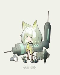 Rule 34 | 1girl, absurdres, animal ear fluff, animal ears, arknights, bare shoulders, chibi, chinese commentary, closed mouth, commentary, detached collar, dress, full body, green dress, green eyes, green hair, hand up, highres, huizhiyin, jacket, jewelry, kal&#039;tsit (arknights), long sleeves, off-shoulder dress, off shoulder, pill, short hair, solo, standing, syringe