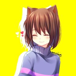 Rule 34 | 1other, animal ears, arms at sides, artist name, blue hair, blue sweater, blush, brown hair, cat ears, closed eyes, closed mouth, colored inner hair, facing ahead, frisk (undertale), heart, multicolored hair, pink sweater, sasucchi95, short hair, smile, solo, striped clothes, striped sweater, sweater, undertale, upper body, yellow background
