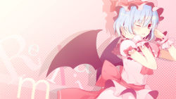 Rule 34 | 1girl, 6u (eternal land), ascot, bat wings, blue hair, blush, bow, hat, highres, looking at viewer, non-web source, one eye closed, open mouth, red eyes, remilia scarlet, ribbon, short hair, smile, solo, touhou, wings, wink, wrist cuffs