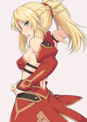 Rule 34 | 1girl, ass, bare shoulders, blonde hair, blush, braid, breasts, detached sleeves, fate/apocrypha, fate (series), from side, green eyes, hair ornament, hair scrunchie, long hair, looking at viewer, medium breasts, mordred (fate), mordred (fate/apocrypha), open mouth, ponytail, red scrunchie, red sleeves, scrunchie, shiseki hirame, simple background, solo, white background