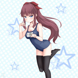 Rule 34 | 1girl, absurdres, black thighhighs, blue background, blue eyes, blunt bangs, blush, bow, breasts, brown hair, cleavage, curled fingers, hair ribbon, highres, long hair, looking at viewer, medium breasts, new game!, one-piece swimsuit, paw pose, polka dot, polka dot background, ponytail, red bow, ribbon, sainohikari, school swimsuit, sidelocks, signature, solo, standing, standing on one leg, star (symbol), starry background, swimsuit, takimoto hifumi, thighhighs, very long hair