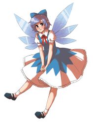 Rule 34 | 1girl, blue eyes, blue hair, bow, cirno, dress, fairy, fairy wings, full body, hair bow, highres, image sample, looking at viewer, mary janes, matching hair/eyes, paigeling, pointy ears, puffy short sleeves, puffy sleeves, shoes, short hair, short sleeves, smile, socks, solo, touhou, transparent background, wings