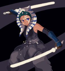 Rule 34 | 1girl, absurdres, ahsoka tano, alien, animification, belt, blue eyes, colored skin, commentary request, dark skin, dual wielding, energy sword, fighting stance, fingerless gloves, gloves, headgear, highres, holding, jedi, lightsaber, looking at viewer, science fiction, star wars, star wars: ahsoka, sword, tan, togruta, user wphn8778, weapon