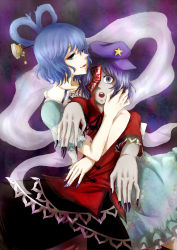 Rule 34 | 2girls, blue hair, chinese clothes, female focus, fingernails, green eyes, hair ornament, hair rings, hair stick, hat, kaku seiga, manasseh, miyako yoshika, multiple girls, open mouth, outstretched arms, puffy sleeves, purple eyes, purple hair, sharp fingernails, shawl, short hair, short sleeves, star (symbol), touhou, zombie pose