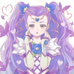 Rule 34 | 1girl, :o, blue flower, blush, bug, butterfly, circlet, earrings, fingerless gloves, flower, frilled gloves, frills, gloves, hair ornament, heart, insect, jewelry, long hair, looking at viewer, meguru (dagmin), milky rose, precure, purple hair, red eyes, solo, twintails, upper body, very long hair, white gloves, yes! precure 5, yes! precure 5 gogo!