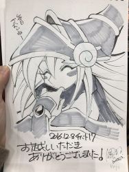 Rule 34 | 1girl, breasts, dark magician girl, duel monster, female focus, hat, highres, large breasts, long hair, magical girl, monochrome, photo (medium), scarf, smile, solo, traditional media, yu-gi-oh!