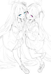 Rule 34 | &lt;key&gt; (blue archive), 2girls, aris (blue archive), blue archive, blue eyes, blush, closed mouth, collared shirt, dual persona, full body, hair between eyes, hairband, halo, highres, holding hands, jacket, leg up, long hair, long sleeves, looking at viewer, monochrome, multiple girls, necktie, one side up, open clothes, open jacket, open mouth, pink eyes, pleated skirt, remora180, shirt, shoes, simple background, skirt, sneakers, socks, spot color, very long hair