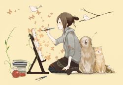 Rule 34 | 1girl, art brush, bird, brown hair, canvas (object), cat, coba, dog, easel, highres, kneeling, original, paintbrush, painting (action), short hair, skirt, sleeves pushed up, solo, sweater