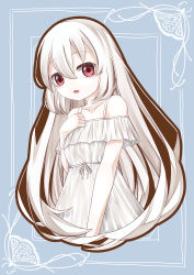 Rule 34 | 1girl, absurdres, albino, bags under eyes, bare shoulders, bow, bowtie, colored skin, commentary, dress, framed, hair between eyes, hand up, highres, long hair, looking at viewer, nomiku, off-shoulder dress, off shoulder, open mouth, original, red eyes, solo, very long hair, white dress, white hair, white skin
