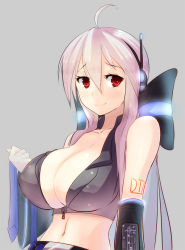 Rule 34 | 1girl, ahoge, bad id, bad pixiv id, bare shoulders, bow, breasts, cleavage, covered erect nipples, crop top, detached sleeves, hair bow, headphones, huge breasts, long hair, magister, midriff, navel, necktie, unworn necktie, red eyes, revision, silver hair, smile, solo, tattoo, unzipped, very long hair, vocaloid, yowane haku