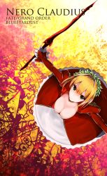 Rule 34 | 10s, 1girl, aestus estus, ahoge, artist name, blonde hair, breasts, character name, cleavage, copyright name, dress, epaulettes, fate/extra, fate/grand order, fate (series), green eyes, head wreath, highres, kojima (blue stardust), large breasts, long sleeves, looking at viewer, looking up, nero claudius (fate), nero claudius (fate), nero claudius (fate/extra), outstretched arms, red dress, short hair, solo