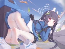 Rule 34 | 1girl, absurdres, all fours, animal ears, ass, black hair, blue archive, blush, bound, day, fake animal ears, feet, gloves, headgear, highres, leaf, long hair, miyu (blue archive), no shoes, panties, panties under pantyhose, pantyhose, pleated skirt, red eyes, school uniform, seagateee, serafuku, shoes, unworn shoes, skirt, sneakers, soles, solo, thighband pantyhose, underwear, white footwear, white pantyhose
