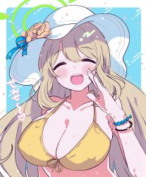 Rule 34 | 1girl, :d, ^ ^, absurdres, bikini, bikini top only, blue archive, blue background, blush, bracelet, breasts, brown hair, closed eyes, collarbone, halo, hat, highres, jewelry, large breasts, long hair, looking at viewer, mantezaurusu, nonomi (blue archive), nonomi (swimsuit) (blue archive), open mouth, smile, solo, swimsuit, teeth, translation request, two-tone background, upper body, upper teeth only, white background, white hat, yellow bikini