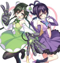 Rule 34 | 10s, 2girls, :d, :p, armpits, bad id, bad twitter id, bare shoulders, black footwear, black hair, black legwear, bow, bowtie, braid, bug, butterfly, center opening, dress, elbow gloves, gloves, green dress, green eyes, hair rings, hand gesture, high heels, hinata kagari, hinata matsuri, insect, leg up, looking at viewer, magical girl, mahou shoujo madoka magica, mahou shoujo madoka magica (anime), mahou shoujo suzune magica, md5 mismatch, midriff, multiple girls, navel, open mouth, outstretched arm, outstretched hand, purple dress, purple gloves, resized, senri gan, shoes, siblings, simple background, sisters, smile, standing, standing on one leg, thighhighs, tongue, tongue out, twintails, v, white background