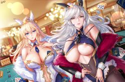 Rule 34 | 2girls, animal ears, areola slip, artoria pendragon (all), artoria pendragon (fate), artoria pendragon (lancer alter) (fate), artoria pendragon (swimsuit ruler) (fate), artoria pendragon (swimsuit ruler) (fate) (cosplay), bare shoulders, black leotard, blonde hair, blue eyes, blue neckwear, blue pantyhose, blush, braid, breasts, card, cleavage, clothing cutout, cosplay, detached collar, fake animal ears, fate/grand order, fate (series), feather boa, fishnet pantyhose, fishnets, french braid, hair between eyes, highres, large breasts, leotard, long hair, looking at viewer, multiple girls, navel, navel cutout, pantyhose, playboy bunny, playing card, poker table, ponytail, rabbit ears, sidelocks, silver hair, smile, table, tiara, tsuki no i-min, underboob, white leotard, wrist cuffs, yellow eyes