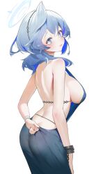 Rule 34 | 1girl, absurdres, ako (blue archive), ako (dress) (blue archive), annlee, ass, backless dress, backless outfit, blue archive, blue eyes, blue hair, blue halo, blush, breasts, butt crack, closed mouth, cuffs, dress, hair between eyes, halo, handcuffs, highres, large breasts, long hair, looking at viewer, official alternate costume, sideboob, simple background, sleeveless, sleeveless dress, solo, strapless, strapless dress, white background