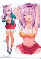 Rule 34 | 1girl, absurdres, animal ears, armpits, arms behind head, arms up, blush, bra, breasts, cat ears, cat girl, cat tail, cleavage, fangs, full body, hair ornament, hairband, hand up, highleg, highleg panties, highres, jacket, long hair, looking at viewer, medium breasts, midriff, multiple views, navel, one eye closed, open clothes, open jacket, open mouth, original, page number, panties, paw pose, pleated skirt, red skirt, rin yuu, scan, shiny skin, shoes, simple background, skirt, sleeves rolled up, smile, sneakers, star (symbol), star print, stomach, tail, thighhighs, underwear, yawning, zettai ryouiki