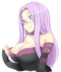 Rule 34 | 1girl, areola slip, bare shoulders, blush, breasts, bridal gauntlets, fate/stay night, fate (series), glasses, large breasts, long hair, medusa (fate), medusa (rider) (fate), parted lips, purple eyes, purple hair, rimless eyewear, simple background, smile, solo, square pupils, white background, zanku
