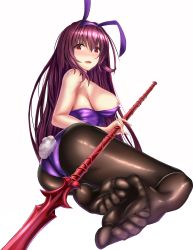 Rule 34 | 1girl, absurdres, animal ears, ass, bare shoulders, blush, breasts, fake animal ears, fate/grand order, fate (series), feet, full body, gae bolg (fate), highres, holding, holding polearm, holding spear, holding weapon, large breasts, leotard, long hair, looking at viewer, nipple slip, nipples, official alternate costume, open mouth, pantyhose, playboy bunny, polearm, purple hair, rabbit ears, rabbit tail, red eyes, scathach (fate), scathach (piercing bunny) (fate), shiny clothes, shiny skin, sideboob, sitting, smile, soles, solo, spear, tail, very long hair, weapon, white background