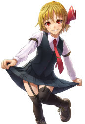 Rule 34 | 1girl, arm belt, black thighhighs, blonde hair, blush, boots, curtsey, garter straps, grin, hair ribbon, highres, kurione (zassou), leg up, looking at viewer, necktie, red eyes, red necktie, ribbon, rumia, short hair, skirt, smile, solo, thighhighs, touhou, white background