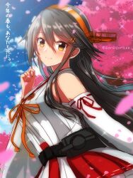 Rule 34 | 1girl, black hair, blue sky, cherry blossoms, cloud, commentary request, cowboy shot, day, detached sleeves, hair ornament, hairband, hairclip, hakama, haruna (kancolle), highres, japanese clothes, kantai collection, long hair, looking at viewer, outdoors, red hakama, red skirt, ribbon-trimmed sleeves, ribbon trim, roko roko (doradorazz), skirt, sky, smile, solo, sparkle, translation request, twitter username