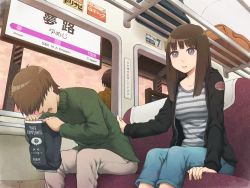Rule 34 | 1girl, 2boys, arm support, barf bag, brown eyes, brown hair, chair, commentary request, hand on another&#039;s back, jacket, leaning forward, multiple boys, open mouth, original, short hair, sweat, train, train interior, train station, yajirushi (chanoma)