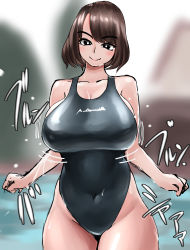 Rule 34 | 1girl, absurdres, bare shoulders, black eyes, black one-piece swimsuit, blurry, blurry background, breasts, brown hair, bunny ayumi, cleavage, covered navel, cowboy shot, highres, huge breasts, looking at viewer, one-piece swimsuit, real life, shiny clothes, shirofugu, short hair, sideboob, smile, solo, swimsuit, wet