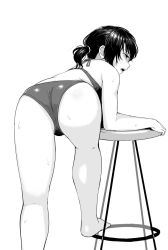 Rule 34 | 1girl, alternate costume, ass, bare arms, bare legs, bare shoulders, barefoot, bent over, bikini, blush, chair, commentary request, from behind, fubuki (kancolle), greyscale, kantai collection, low ponytail, monochrome, one-piece swimsuit, open mouth, ponytail, satsuki neko, short hair, short ponytail, solo, sweat, swimsuit, thighs