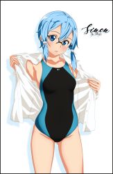 Rule 34 | 1girl, alternate costume, artist name, black one-piece swimsuit, blue eyes, blue hair, blue one-piece swimsuit, character name, collarbone, collared shirt, commentary, cowboy shot, derivative work, glasses, hair between eyes, head tilt, highres, legs apart, long sleeves, looking at viewer, one-piece swimsuit, parted bangs, shirt, short hair, short hair with long locks, shugo19, simple background, sinon, solo, standing, swimsuit, swimsuit under clothes, sword art online, thighs, white background, white shirt