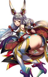 Rule 34 | 1girl, animal ears, ass, bad id, bad twitter id, boots, breasts, fang, high heel boots, high heels, highres, leotard, long hair, looking at viewer, lying, medium breasts, nia (blade) (xenoblade), nia (xenoblade), nintendo, niyah, nuezou, on side, open mouth, red eyes, revision, silver hair, simple background, smile, solo, spoilers, thighhighs, thighs, twintails, white background, white thighhighs, xenoblade chronicles (series), xenoblade chronicles 2