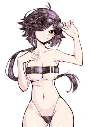 Rule 34 | 1girl, absurdres, black eyes, black hair, blush, breasts, cleavage, covered navel, cowboy shot, gris swimsuit, hair over one eye, hands up, highres, large breasts, long hair, meme attire, nail polish, navel, off-shoulder one-piece swimsuit, off shoulder, one-piece swimsuit, original, parted lips, ponytail, see-through, see-through one-piece swimsuit, simple background, smile, swimsuit, unexistarts, uni (unexistarts), very long hair, white background, white nails