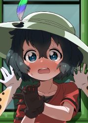 Rule 34 | 2girls, :o, bad id, bad twitter id, black gloves, black hair, blue eyes, blush, collarbone, commentary, elbow gloves, female pov, flustered, gloves, hair between eyes, hat, hat feather, highres, kaban (kemono friends), kabedon, kemono friends, looking at viewer, multiple girls, nekonyan (inaba31415), nose blush, pov, print gloves, red shirt, serval (kemono friends), serval print, shirt, short hair, short sleeves, solo focus, sweat, upper body, wavy mouth, yuri