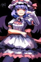 Rule 34 | 1girl, ascot, asymmetrical clothes, asymmetrical sleeves, bat wings, blue hair, darkness, dress, hat, hat ribbon, highres, juliet sleeves, layered sleeves, long sleeves, looking at viewer, mob cap, myero, puffy sleeves, red eyes, remilia scarlet, ribbon, shaded face, short over long sleeves, short sleeves, signature, smile, solo, touhou, uneven sleeves, white dress, wings