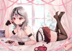Rule 34 | 1girl, absurdres, ahoge, arm cuffs, bare shoulders, belt collar, black gloves, black hair, blush, bow, box, box of chocolates, braid, breasts, camisole, candy, chocolate, chocolate heart, cleavage, collar, curtains, feet, fingerless gloves, food, garter straps, gloves, hair ornament, heart, heart necklace, highres, hololive, jewelry, legs up, looking at viewer, lying, medium hair, multicolored hair, nail polish, necklace, on bed, on stomach, orii (fsgp5252), parted lips, plaid, plaid bow, plaid skirt, red eyes, ribbon, sakamata chloe, silver hair, skirt, solo, streaked hair, thighhighs, torn clothes, torn thighhighs, valentine, virtual youtuber, white camisole, window, x hair ornament