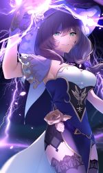 Rule 34 | 1girl, absurdres, breasts, brown hair, capelet, cleavage, dress, genshin impact, gloves, green eyes, hat, highres, ikumo24, large breasts, lightning, lisa (genshin impact), long hair, looking at viewer, multicolored clothes, multicolored dress, purple capelet, purple hat, smile, solo, witch hat