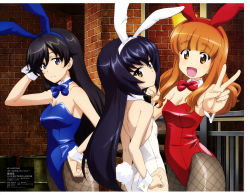 Rule 34 | 3girls, :d, absurdres, ahoge, animal ears, ass, bare arms, black hair, blue legwear, blue neckwear, blunt bangs, breasts, brick wall, brown eyes, cleavage, closed mouth, detached collar, fake animal ears, fake tail, fishnets, girls und panzer, grey eyes, hand on own hip, head tilt, highres, indoors, isuzu hana, itou takeshi, leotard, long hair, mc axis, medium breasts, multiple girls, official art, open mouth, orange hair, pantyhose, playboy bunny, rabbit ears, rabbit tail, red leotard, red neckwear, reizei mako, scan, sideboob, small breasts, smile, standing, tail, takebe saori, v, white leotard, wrist cuffs